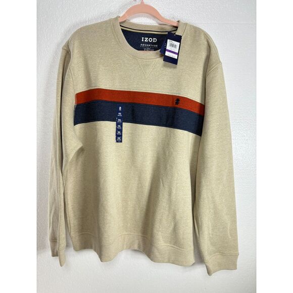 Izod Sweatshirt Mens 2XL Stretch Advantage Long Sleeve Soft Tan Blue Red New WT - Picture 1 of 5